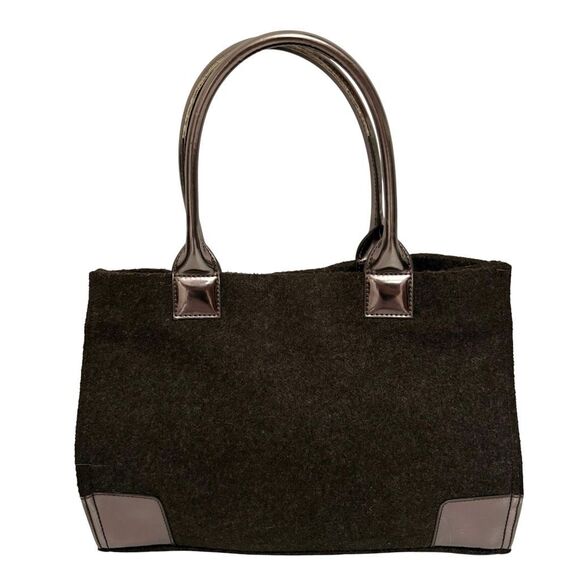 Tory Burch Ella Tote Bag Brown Felt Wool w Detail Metallic Patent Leather - Picture 10 of 10